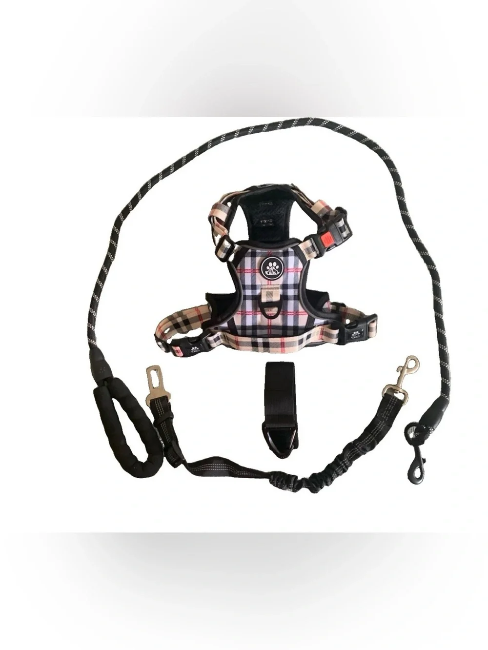 Plaid Padded Dog Harness with Matching Safety Leash - Black/Beige